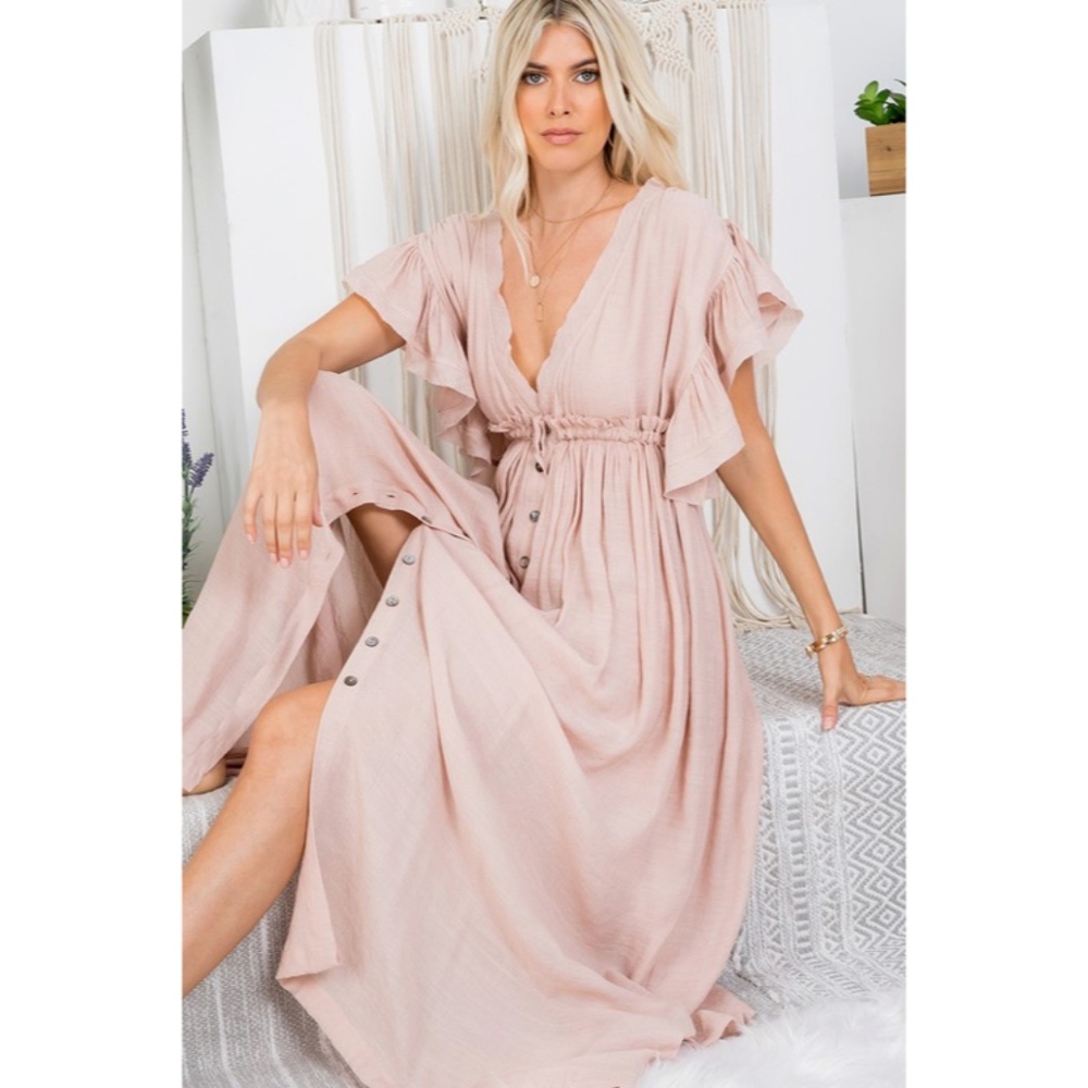 SOLD OUT Nude Blush Gauze Boho Button Short Slv Deep V Woven Gathered Maxi - Picture 3 of 6